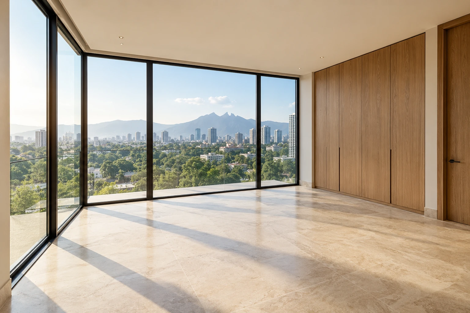 Departamento vacío con grandes ventanales y vista a la ciudad