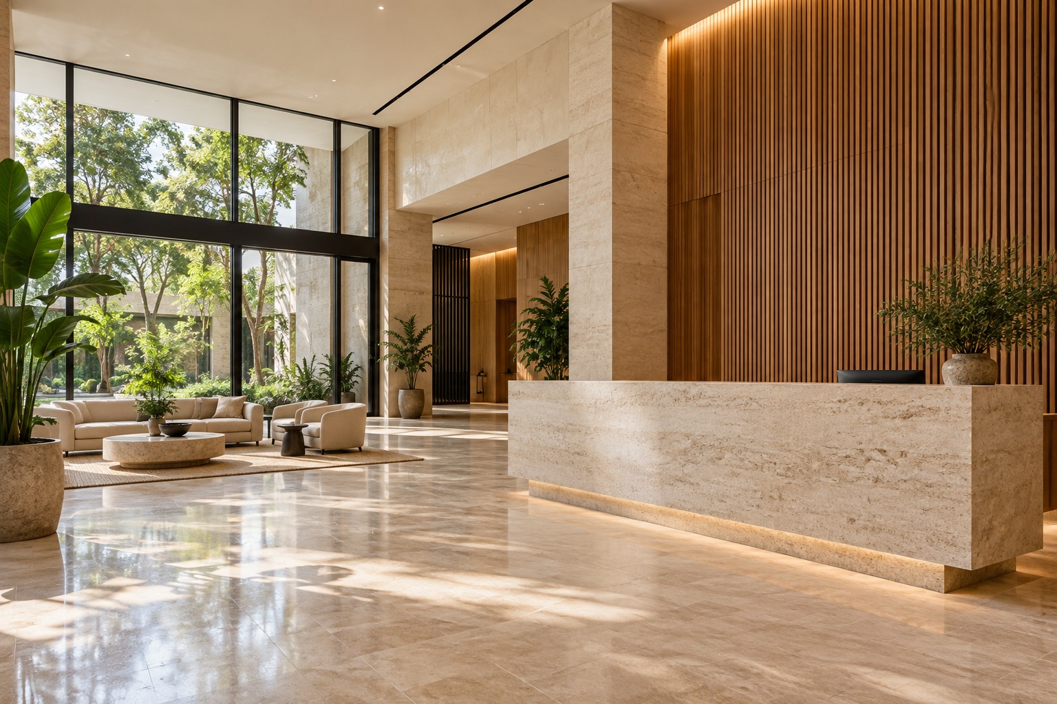 Lobby luminoso con piedra natural, madera y ventanales