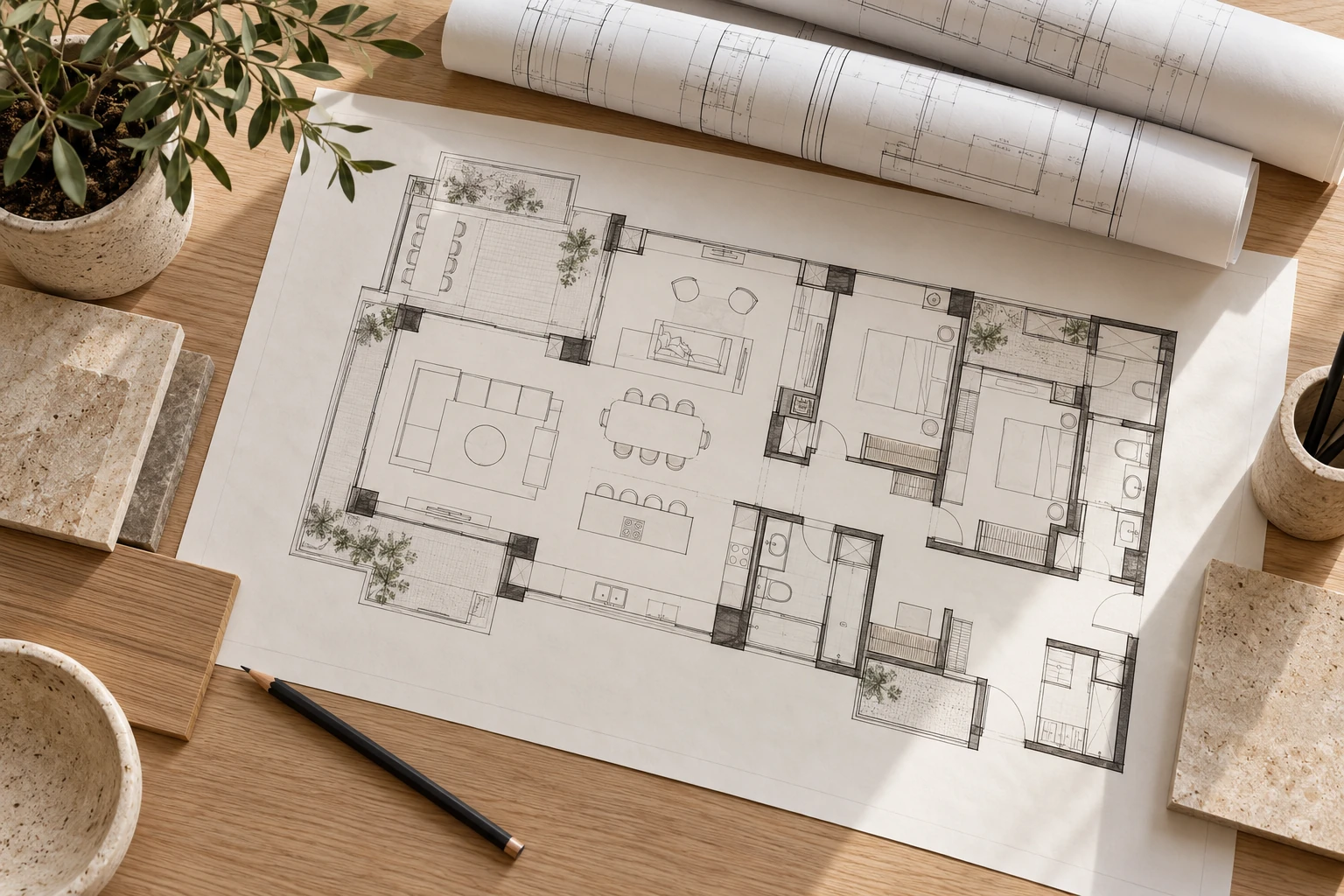 Planos de un inmueble sobre una mesa con muestras de piedra